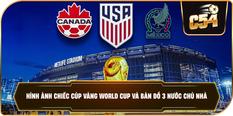 Hình ảnh chiếc cúp vàng World Cup và bản đồ 3 nước chủ nhà. .