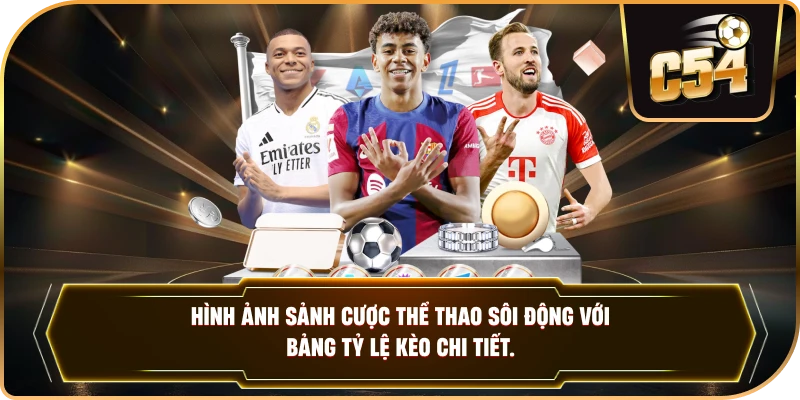 Hình ảnh sảnh cược thể thao sôi động với bảng tỷ lệ kèo chi tiết. 