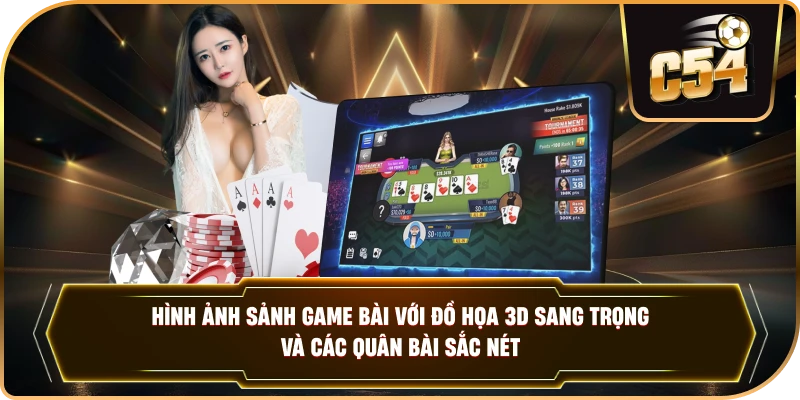 Hình ảnh sảnh game bài với đồ họa 3D sang trọng và các quân bài sắc nét.