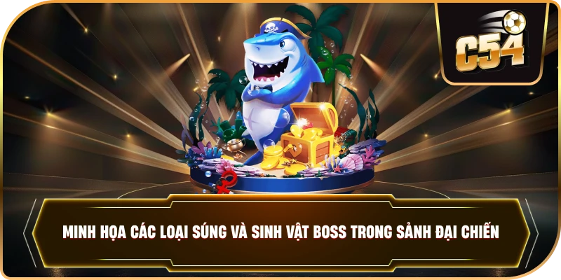 Minh họa các loại súng và sinh vật Boss trong sảnh Đại Chiến.