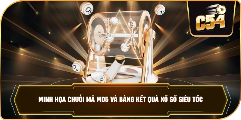 Minh họa chuỗi mã MD5 và bảng kết quả xổ số siêu tốc